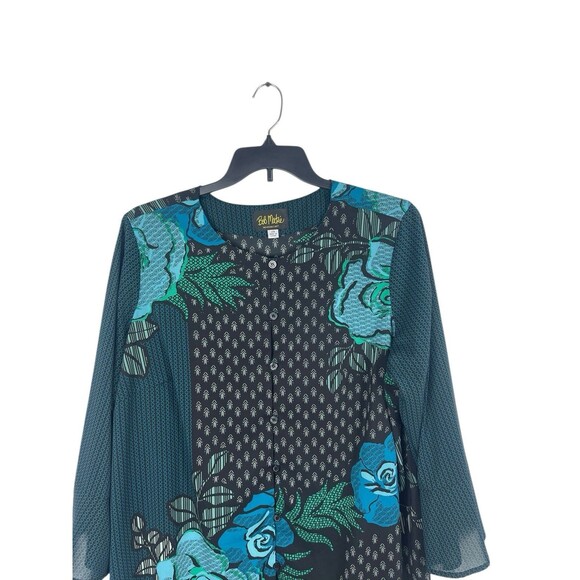 Bob Mackie Wearable Art 2X Teal Blue Floral Abstract Print Sheer Button Up Top - Picture 5 of 13